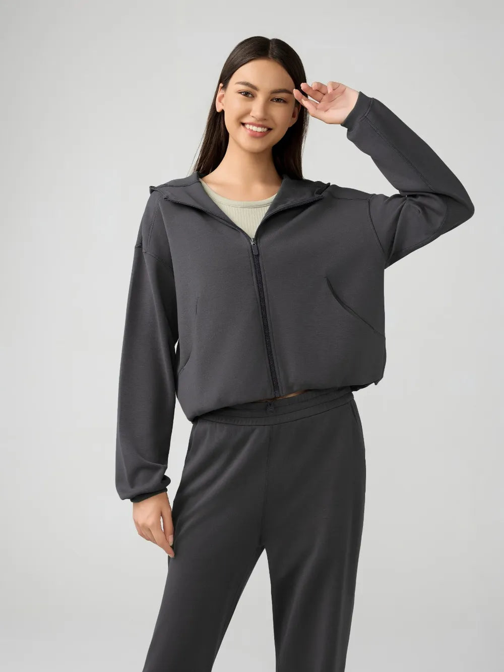 zip up dropped shoulder active hoodie styled look