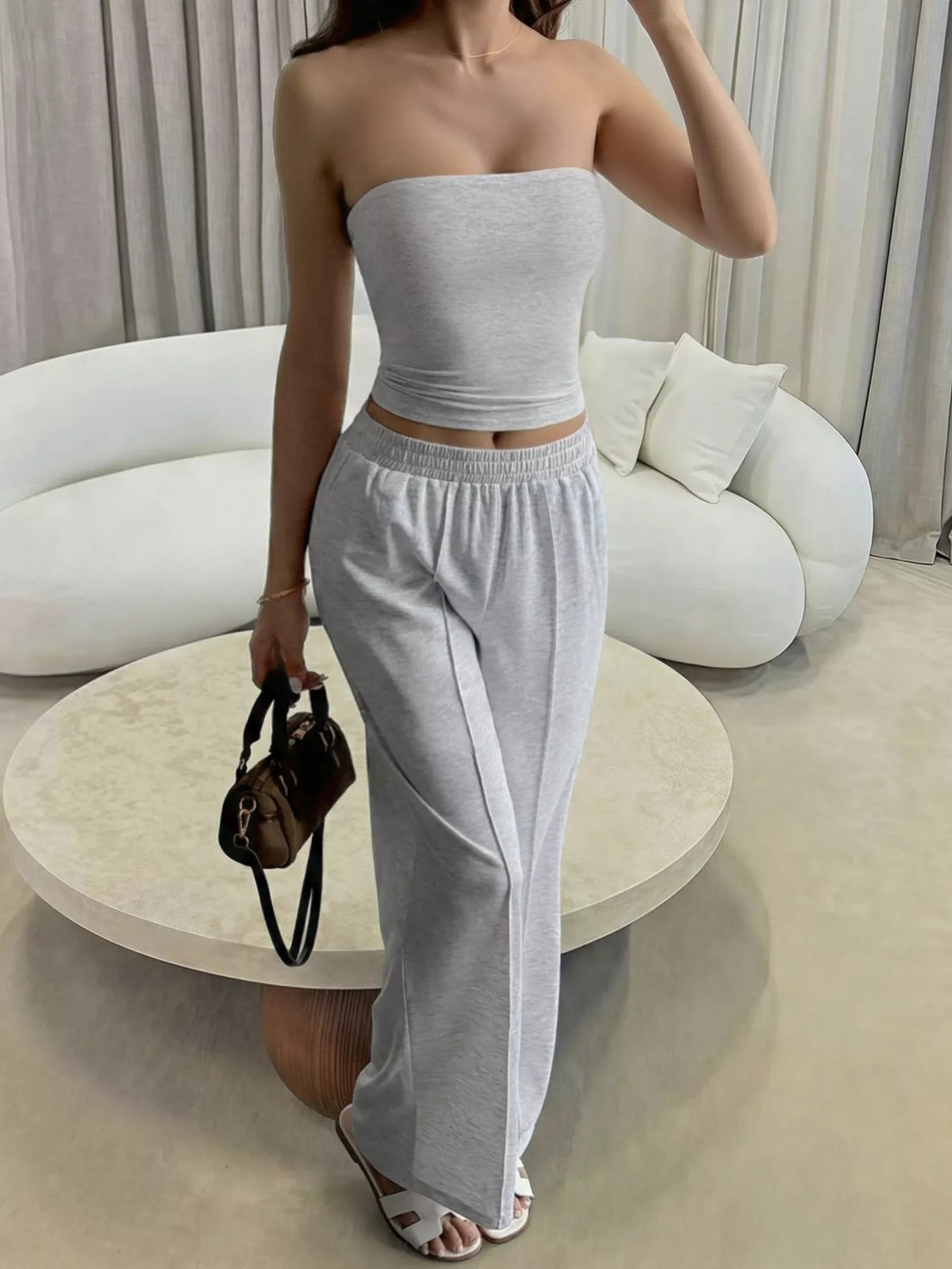 Tube top and wide leg pants set back view