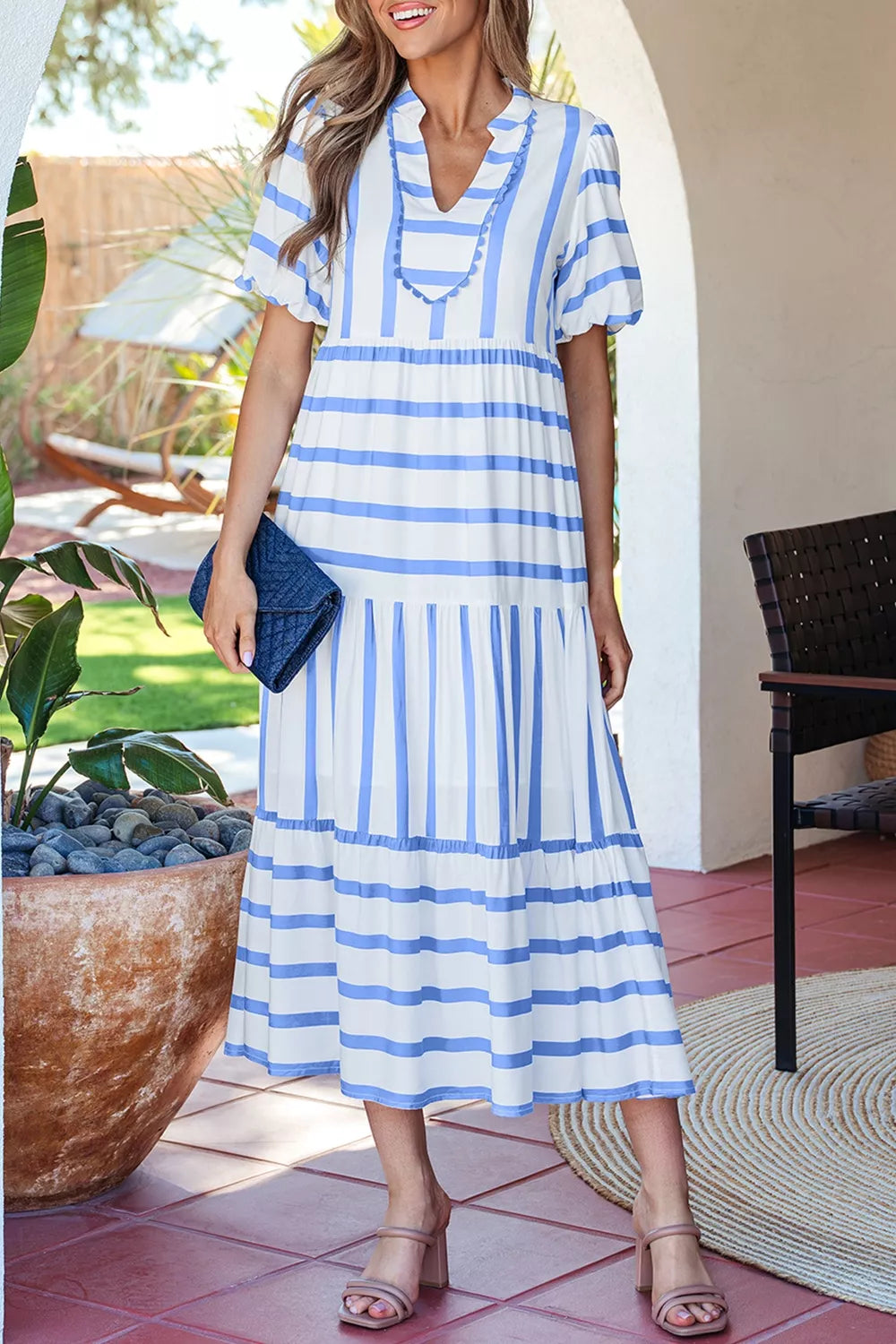 Light blue striped maxi dress notched neck detail