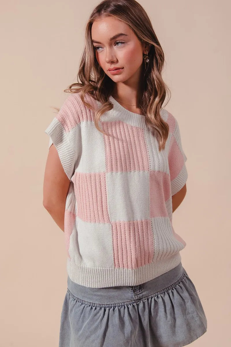 Check Plaid Casual Sweater Top in Dusty Pink detail