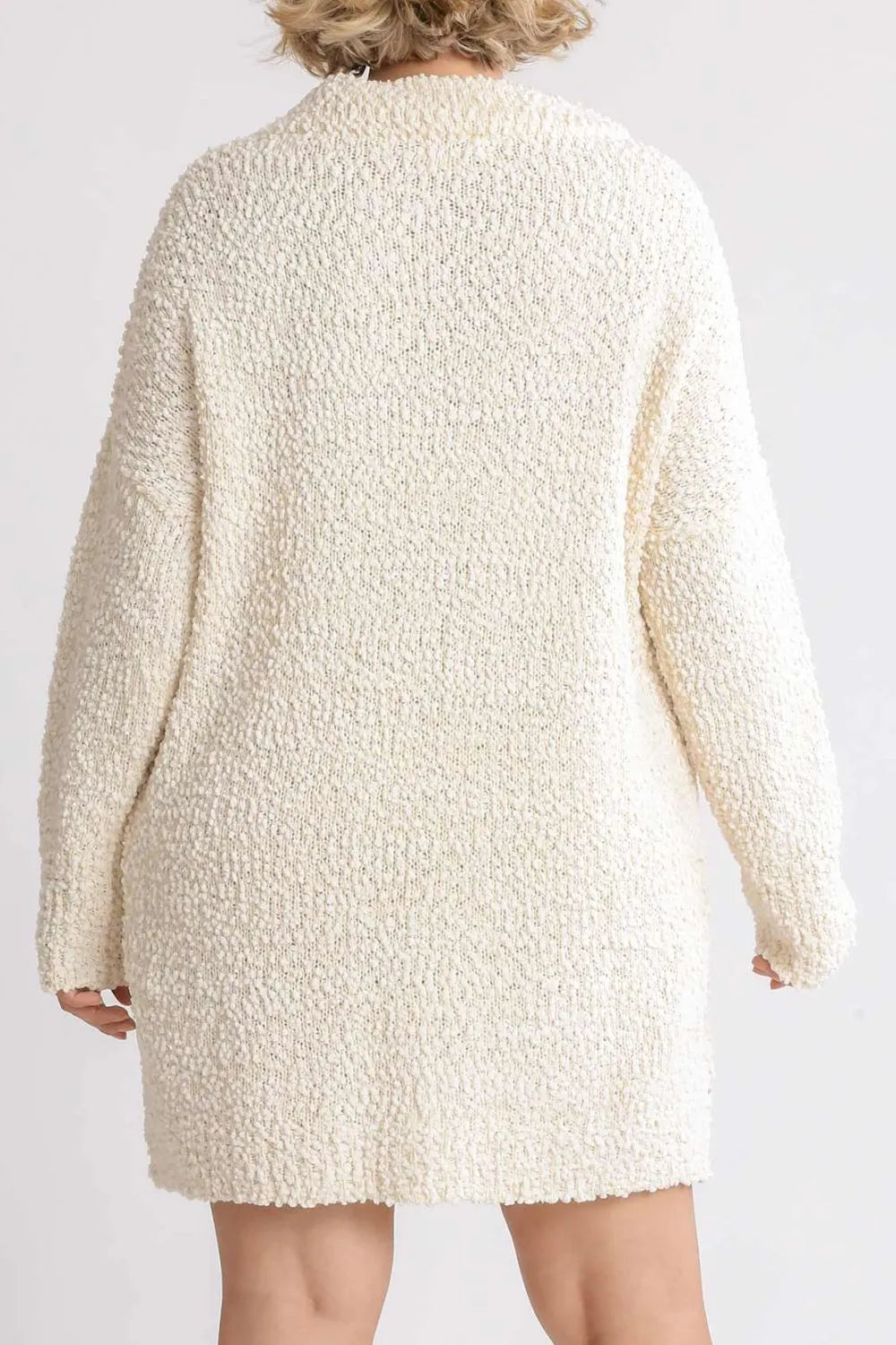 High Low Boucle Long Sleeve Sweater Dress Plus Size in Cream styled look
