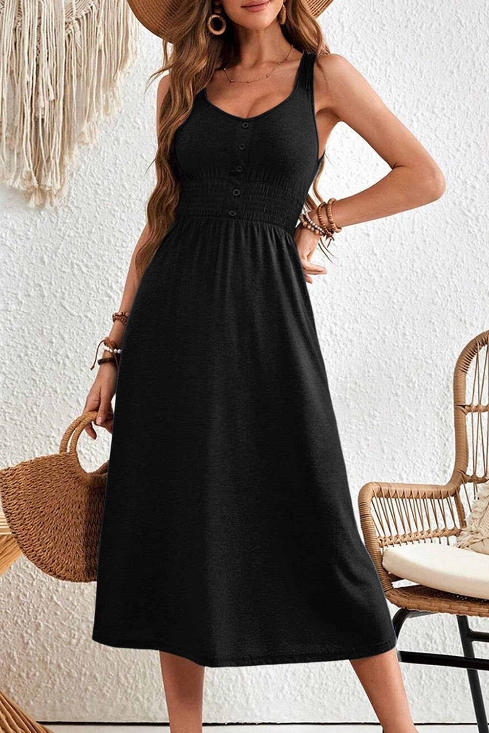 Black sleeveless shirred high waist midi dress front view