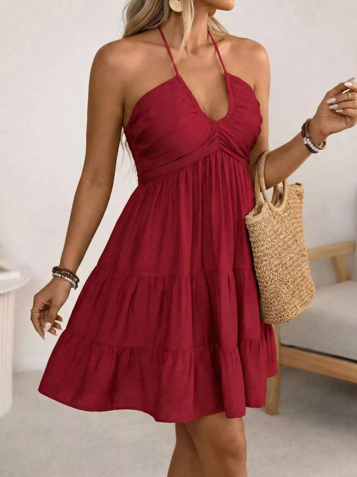 Plus size rust halter mini dress side view
