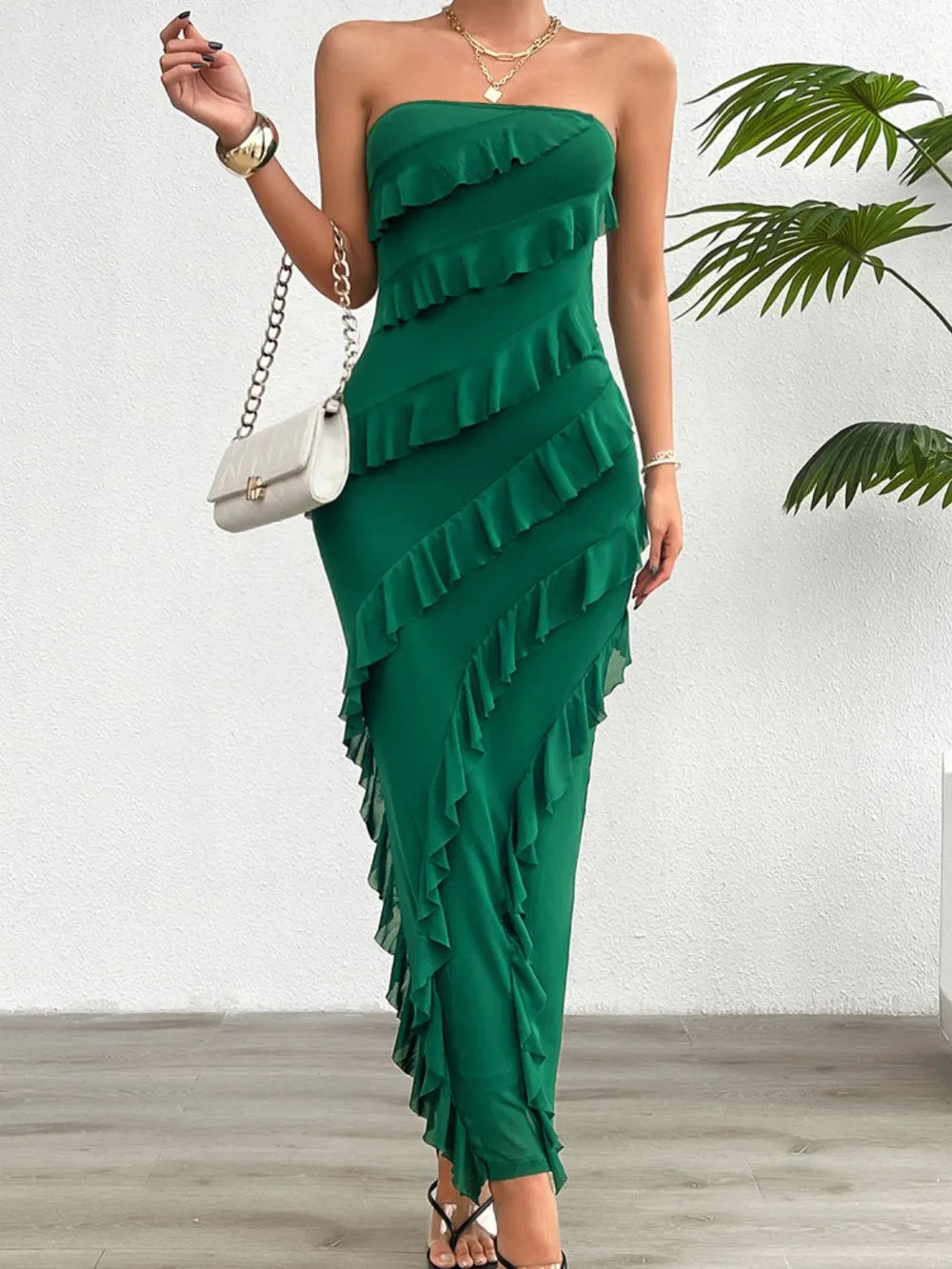 Strapless tube maxi dress with ruffled back slit, movement shot