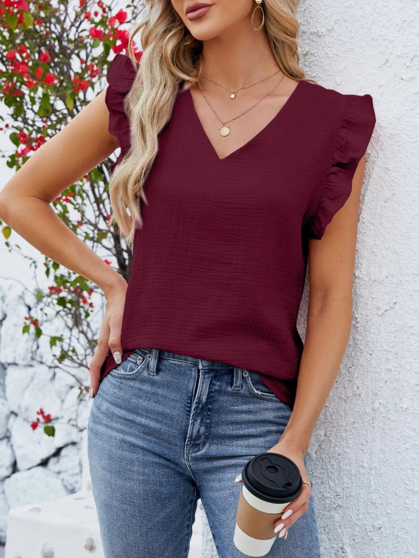 V-Neck Ruffled Sleeve Top - Fashorio