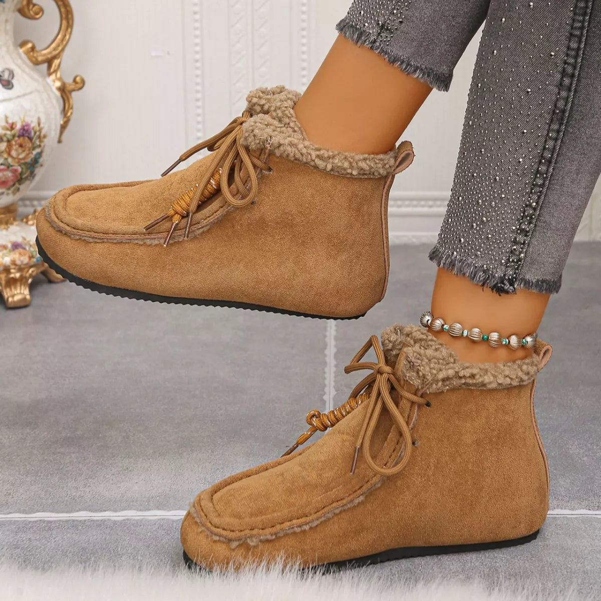 Plush lined ankle boots styled on model