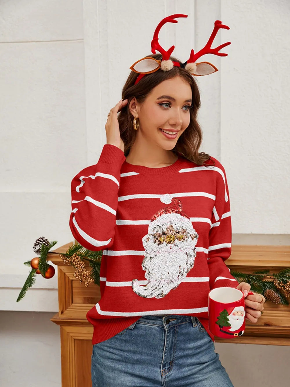 Sequin Santa Striped Round Neck Sweater view 7