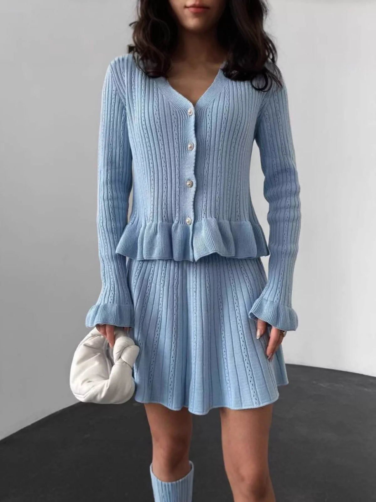 Ruffle cardigan and skirt set full look