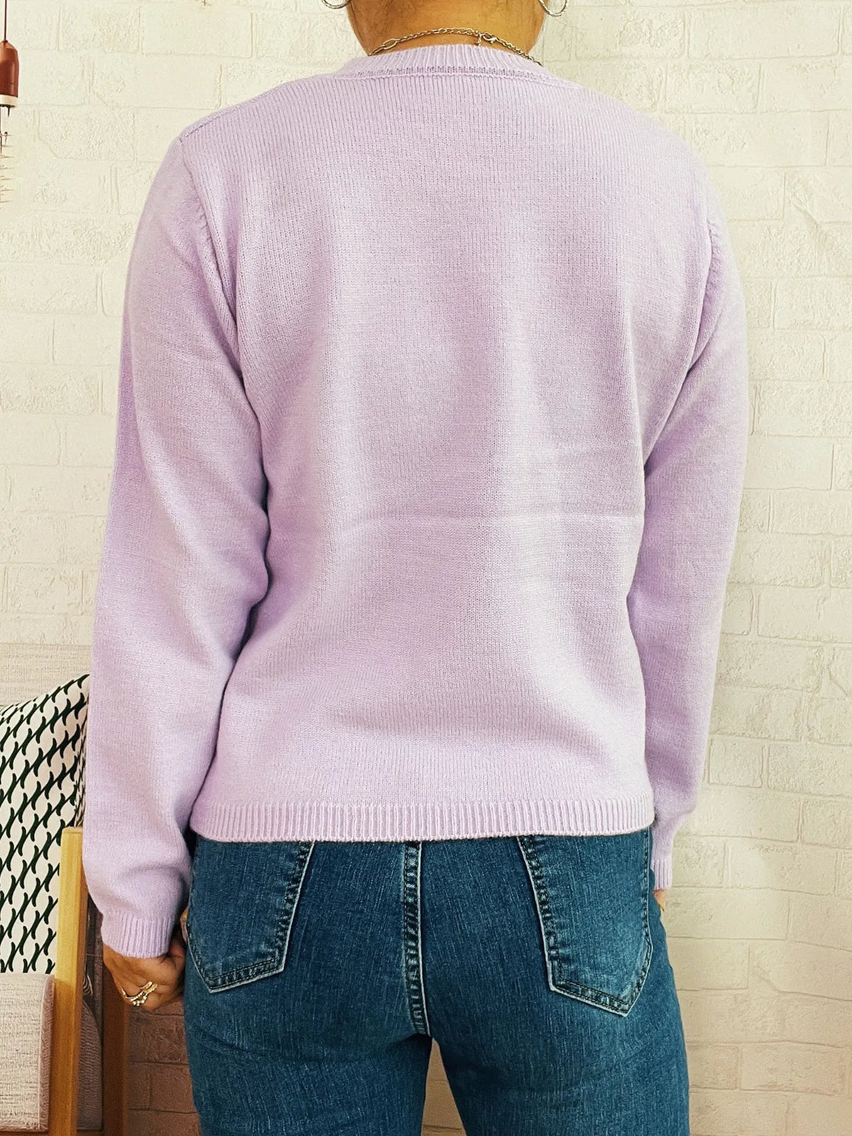 floral contrast round neck sweater full length view