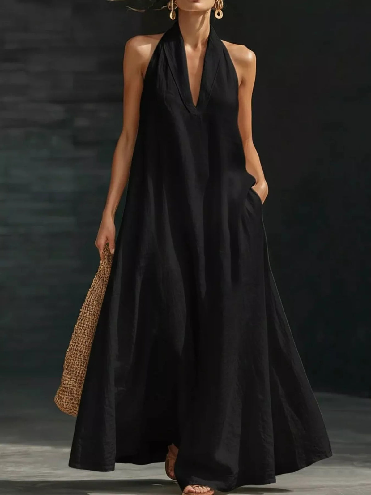Sleeveless halter maxi dress back view