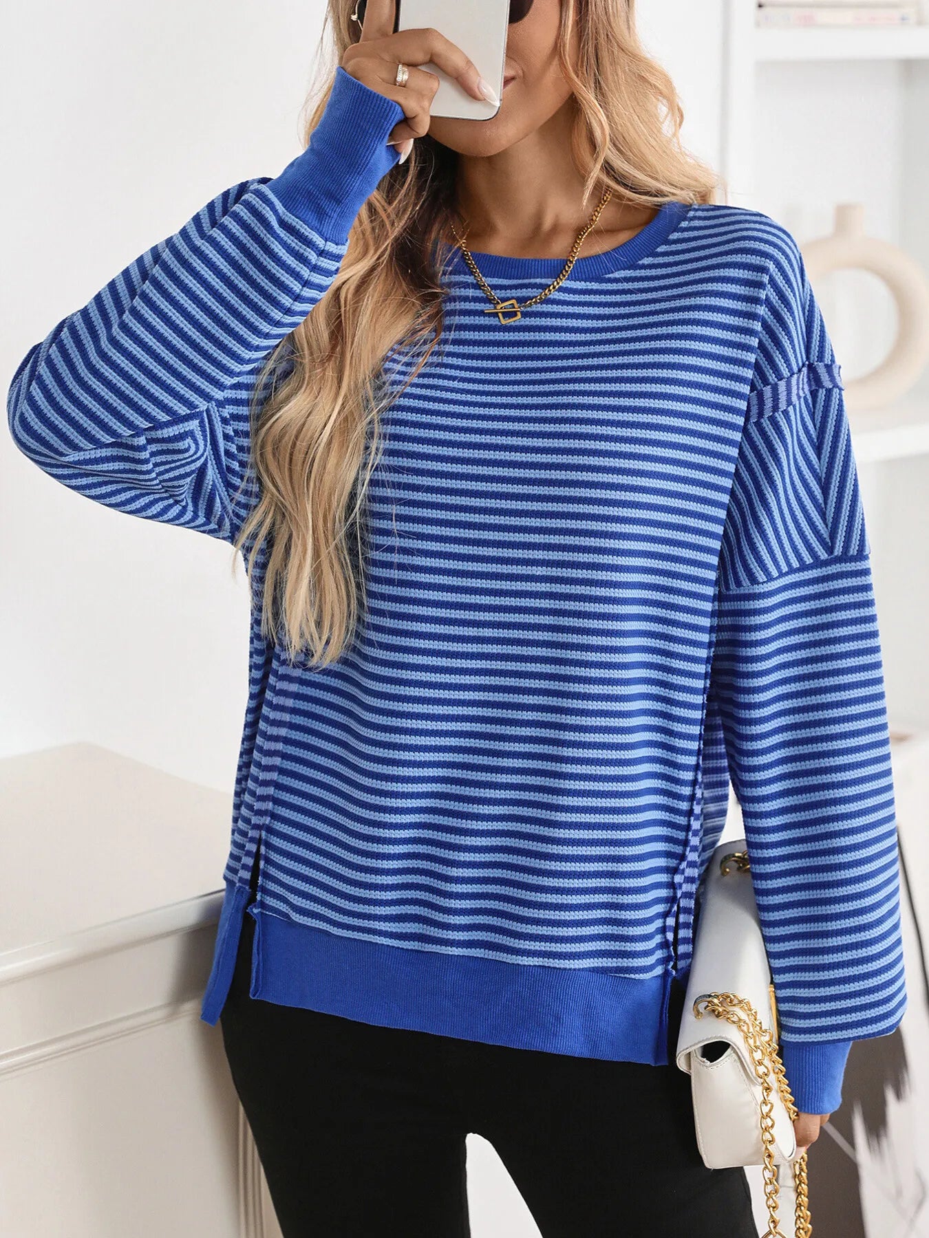 Exposed Seam Striped Contrast Sweatshirt - Fashorio