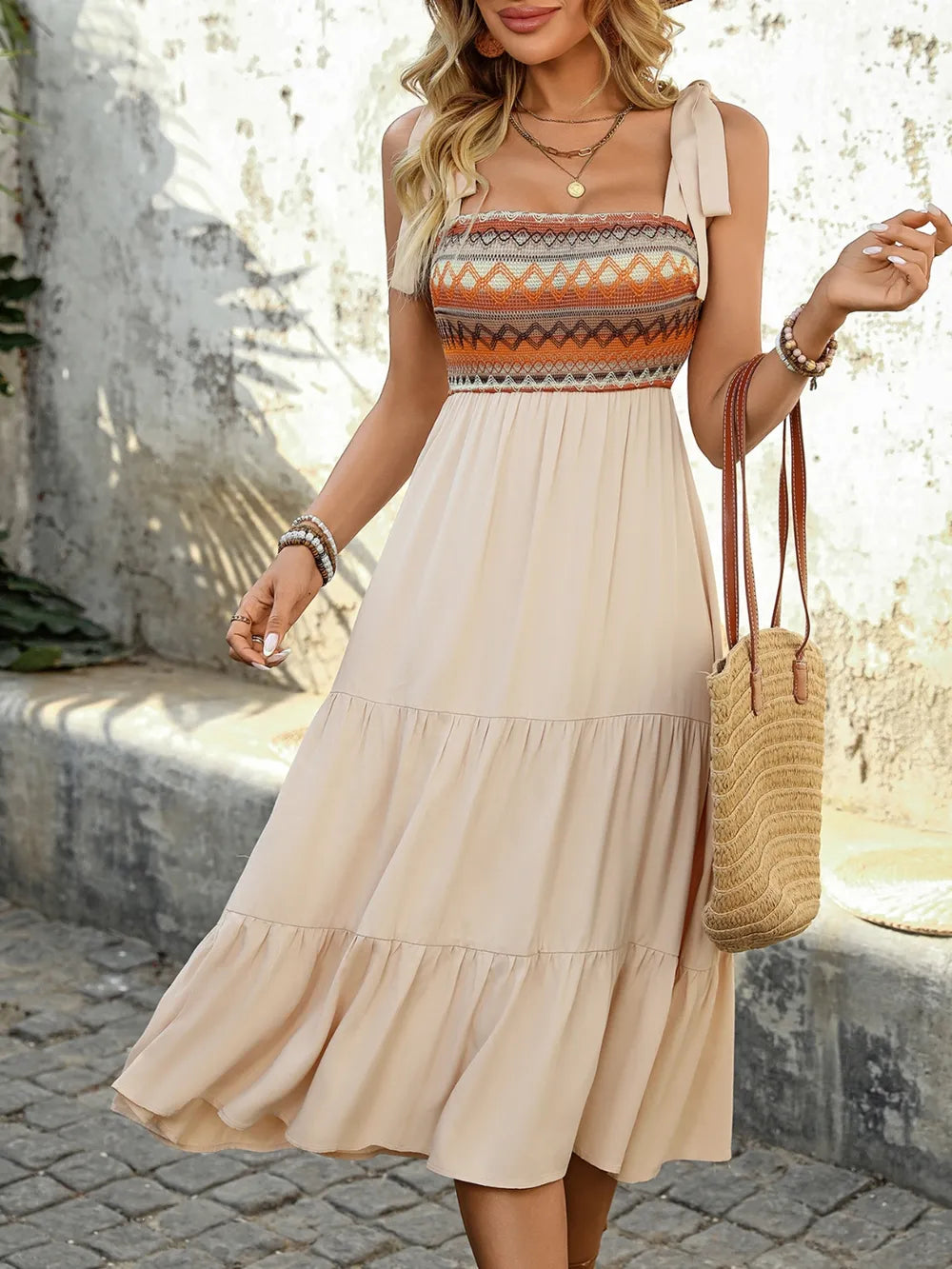 Tiered midi dress skirt movement