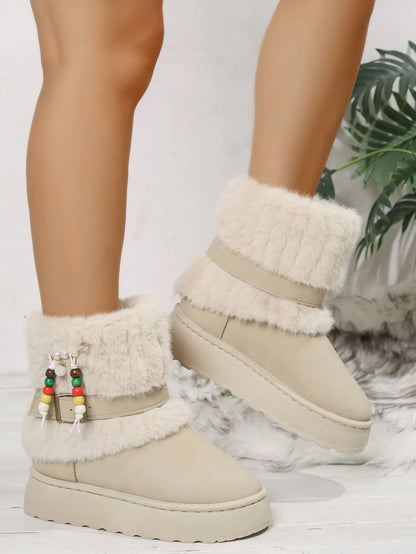Round Toe Platform Boots Beige - Fashorio