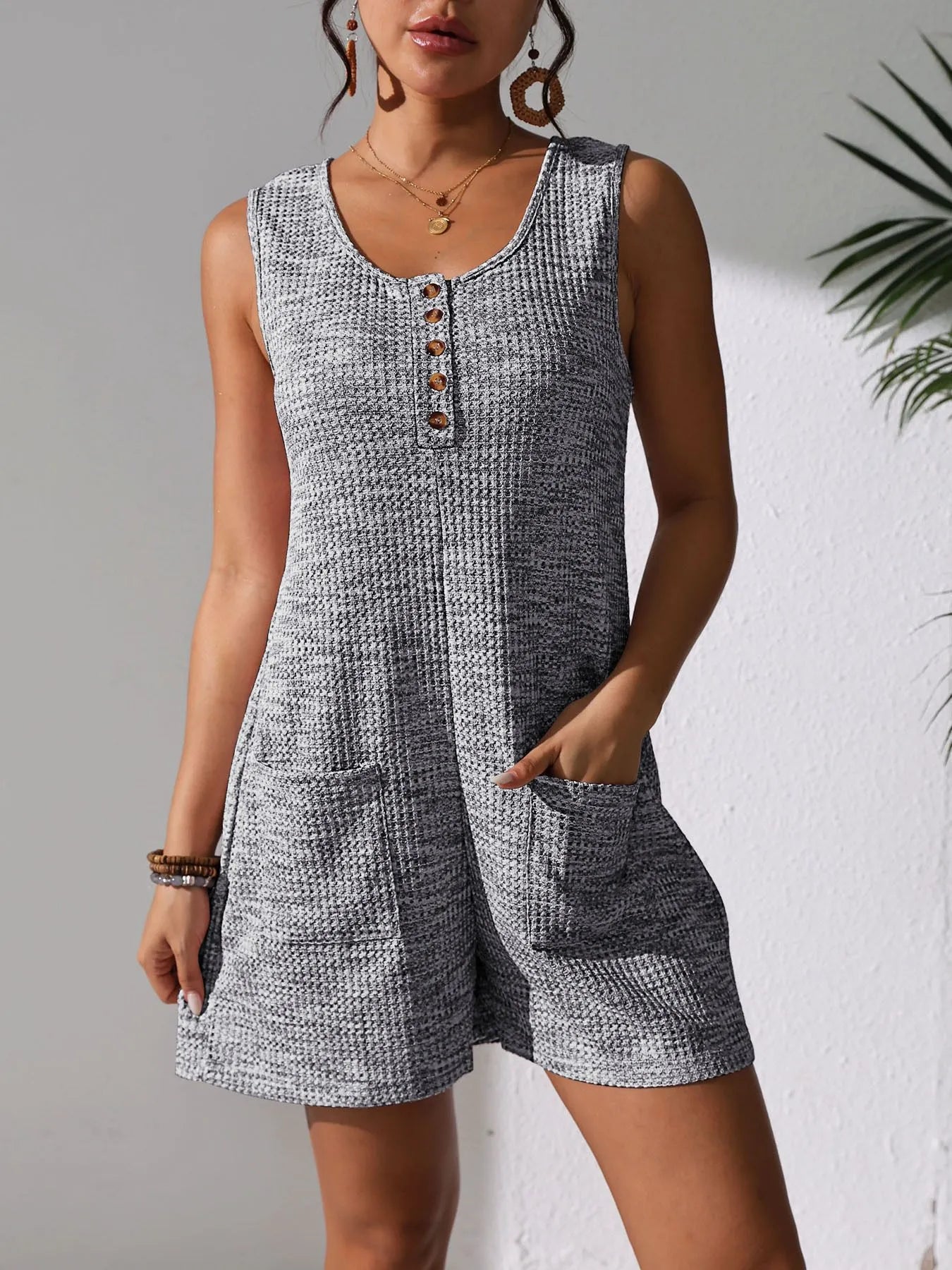 Full Size Button Front Romper with Pockets Plus Size Grey - Fashorio