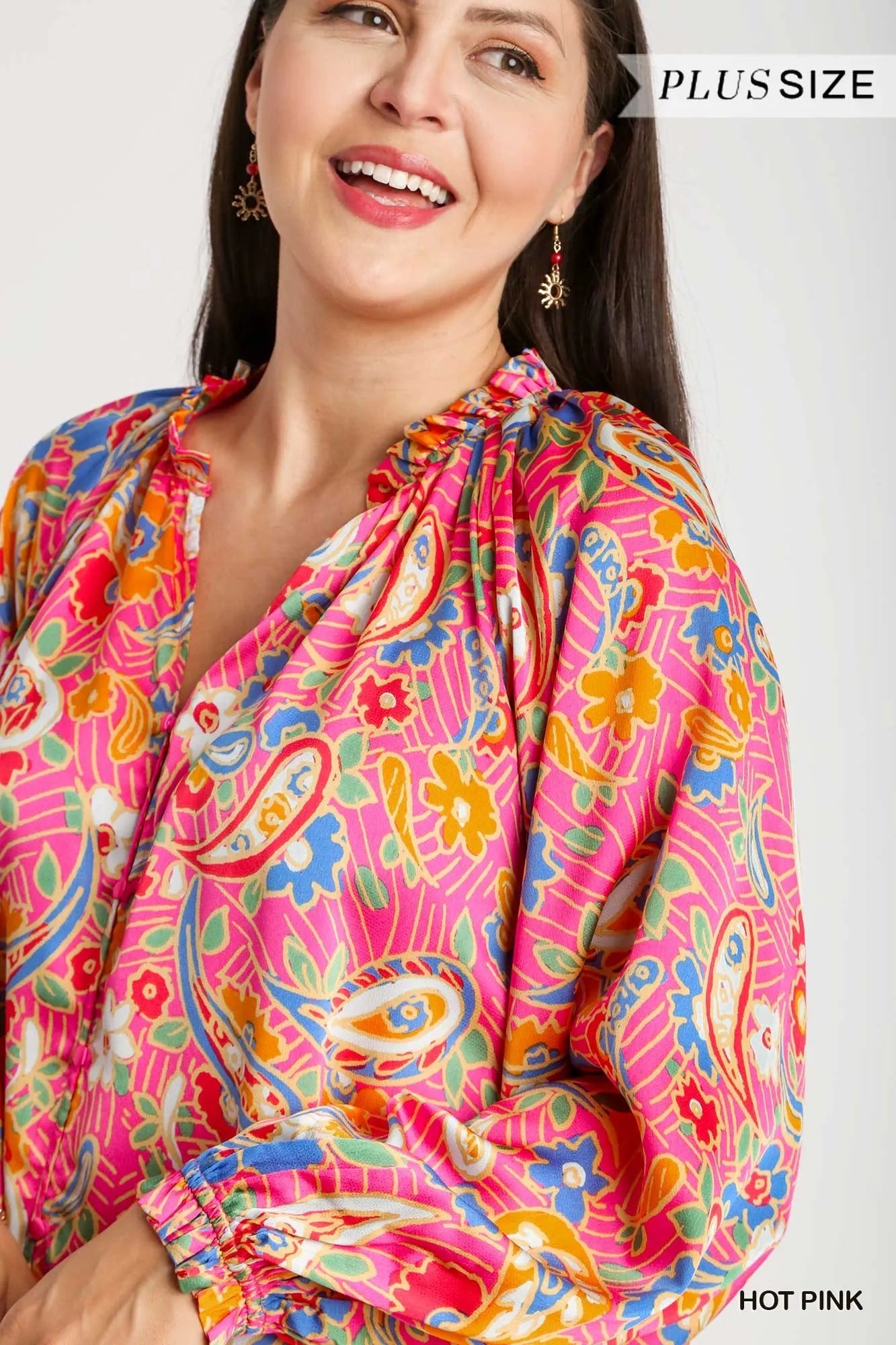 Umgee Full Size Satin Paisley Ruffle Neck Button-Up Shirt Plus Size - Fashorio