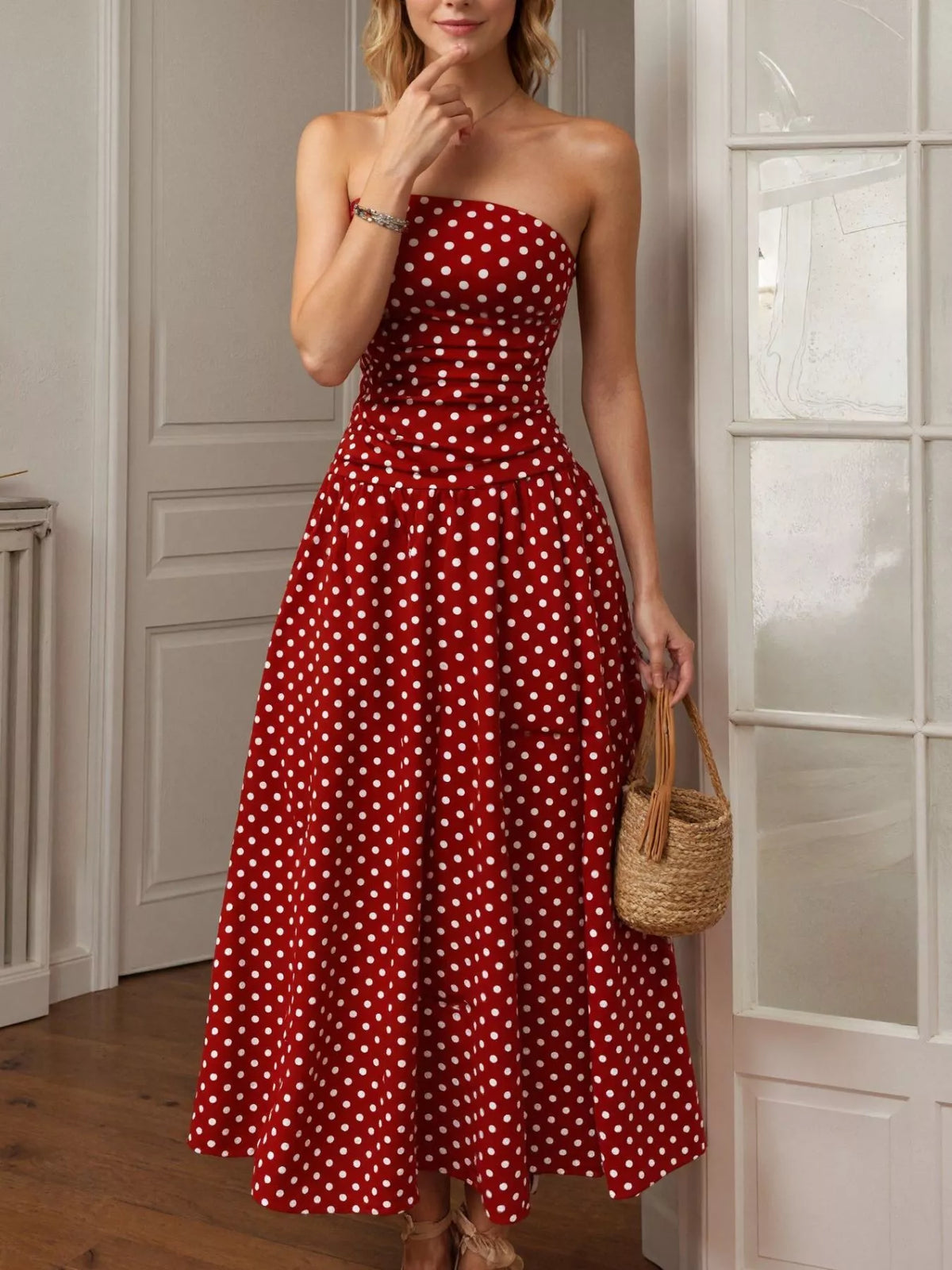 Polka dot strapless maxi dress detail view