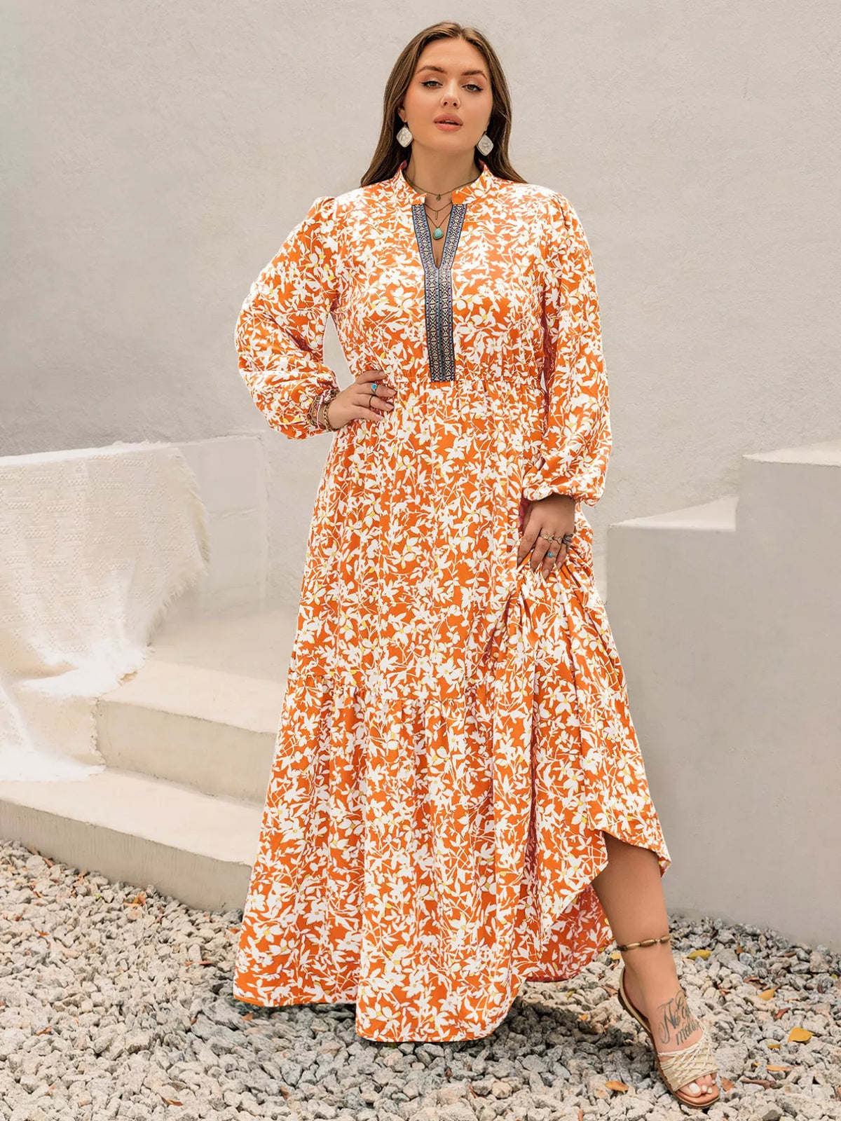 boho floral print maxi dress in tangerine back view