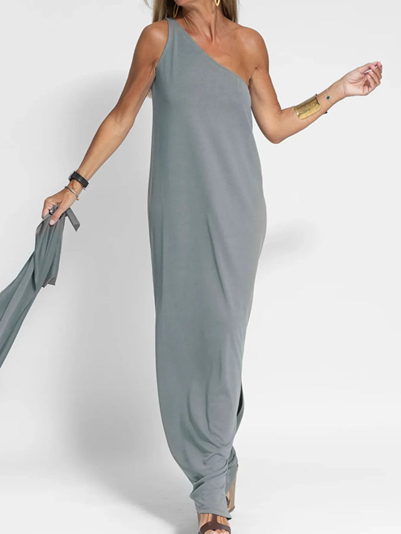one shoulder side slit maxi dress in gray front view