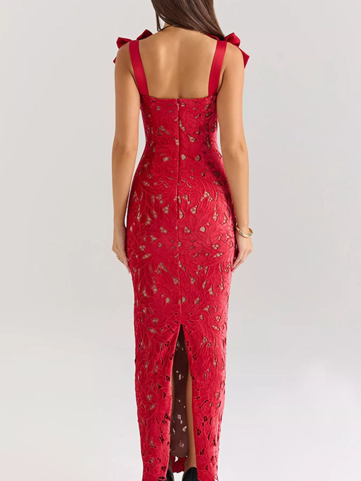 slit tie shoulder maxi dress three quarter view