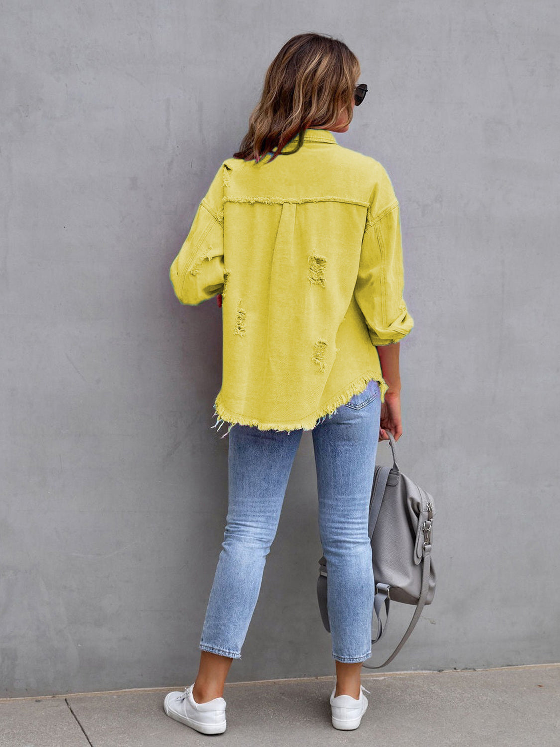 Distressed Drop Shoulder Denim Jacket - Fashorio