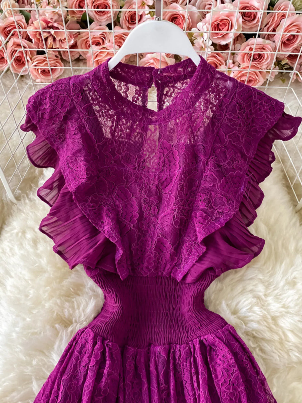 Ruffled mock neck lace maxi dress, fabric detail