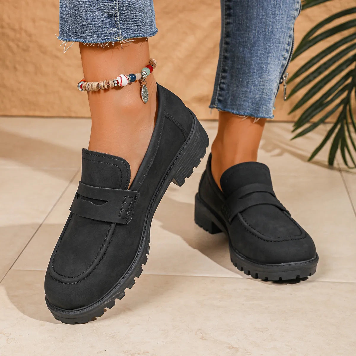 Round Toe Block Heels Loafers Black - Fashorio