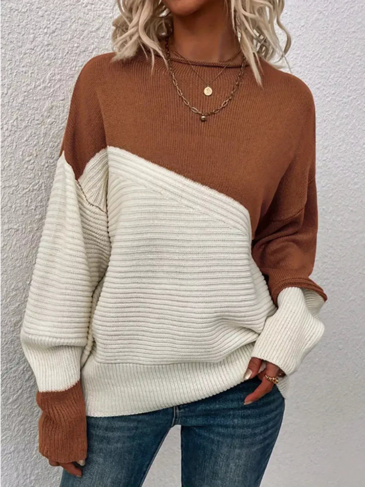 Color Block Ribbed Knit Sweater side view