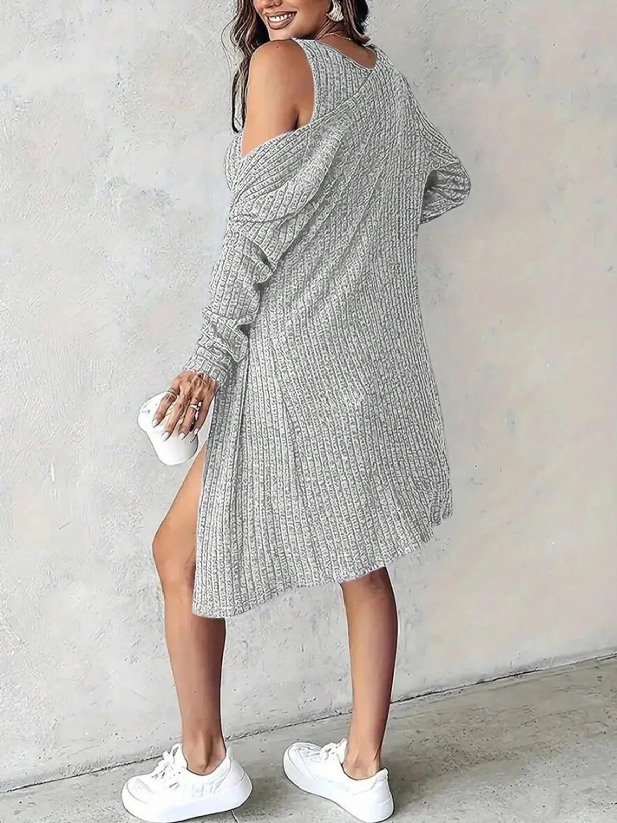 Ribbed sweater dress and cardigan set full length view