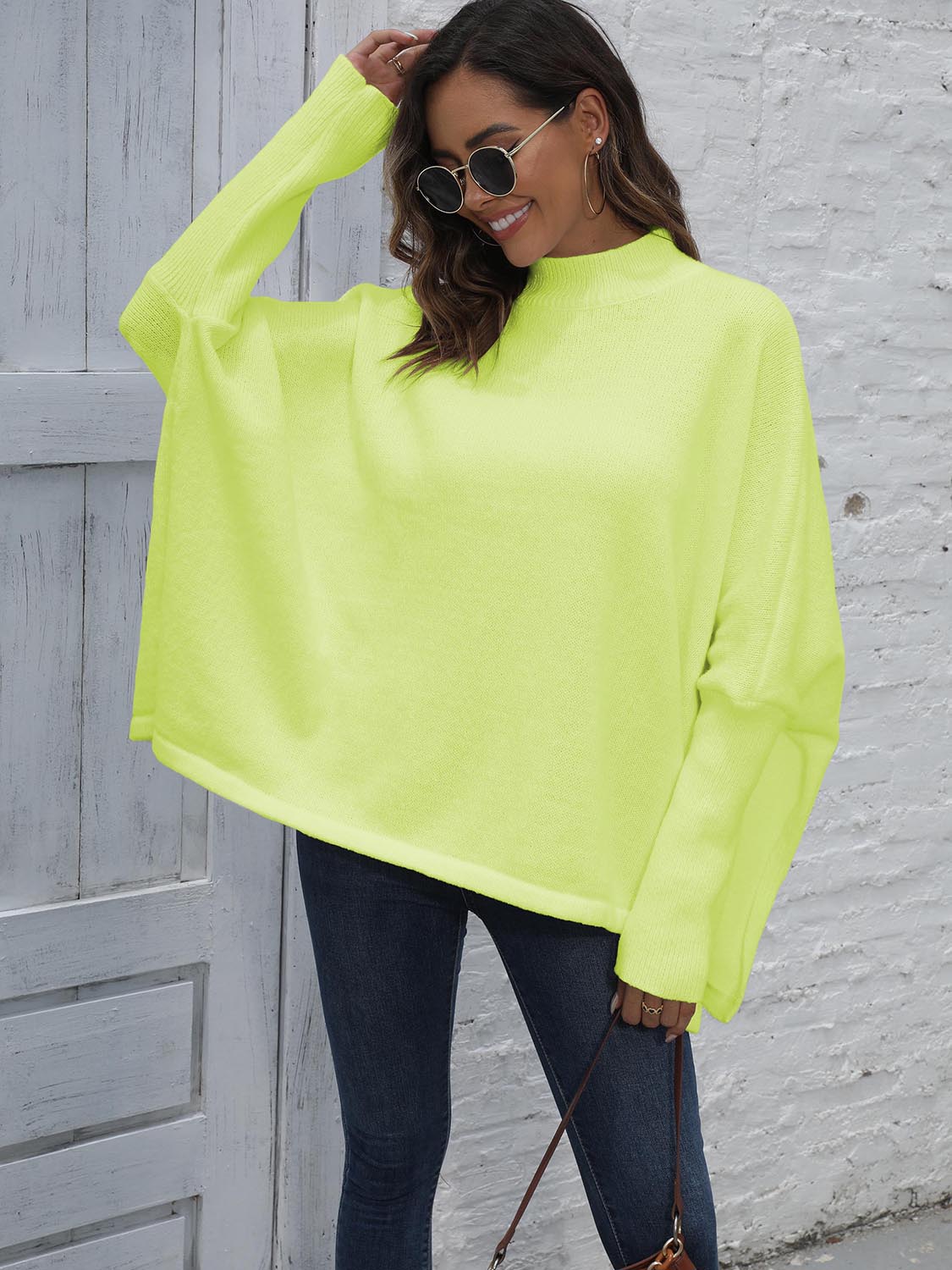 Loose Hem Plain Sweater Lime One Size - Fashorio