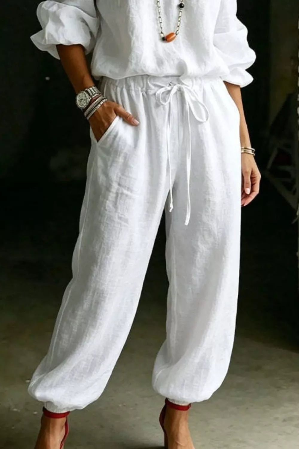 Drawstring pants set relaxed styling