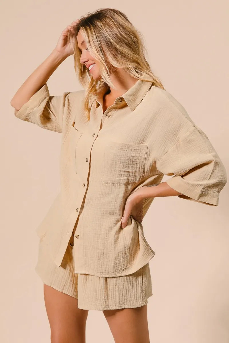 BiBi Crinkle Gauze Shirt and Short Set - Fashorio