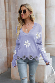 Flower Distressed Long Sleeve Sweater Lavender - Fashorio