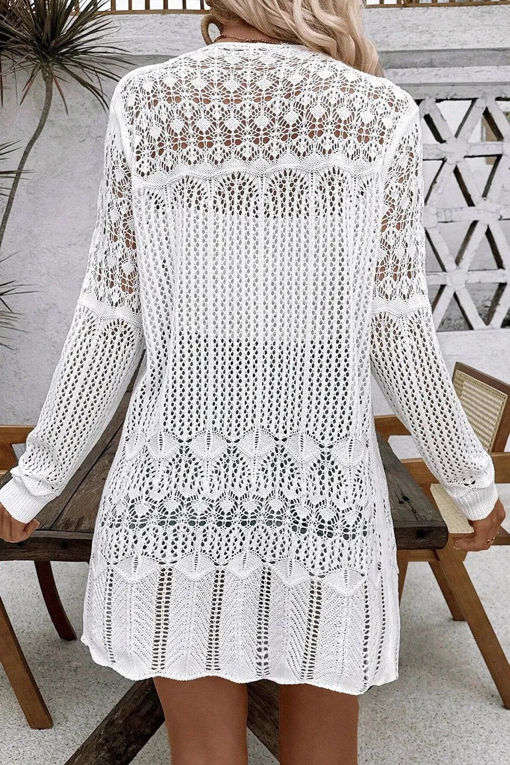 Openwork Open Front Long Sleeve Cardigan - Fashorio