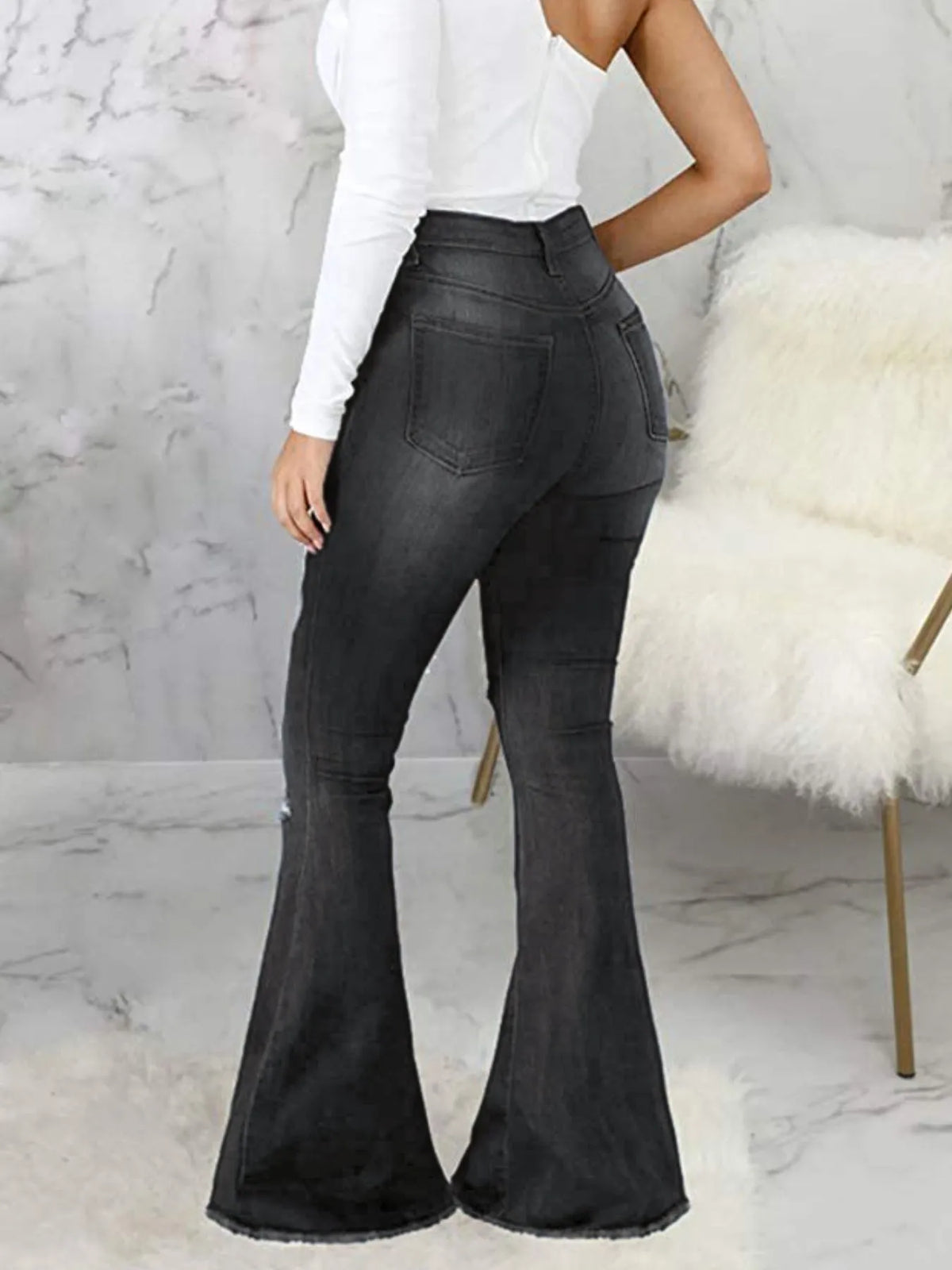 Plus Size Distressed Raw Hem Flare Jeans, view 8