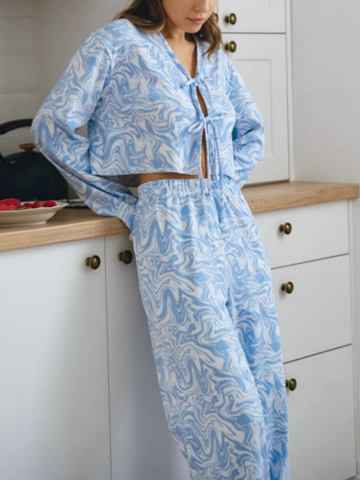 Tie front top lace up detail on light blue lounge set
