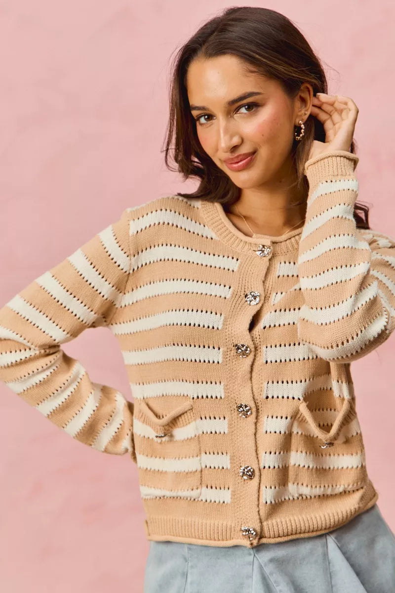 Striped Button Down Cardigan in White and Beige view 12