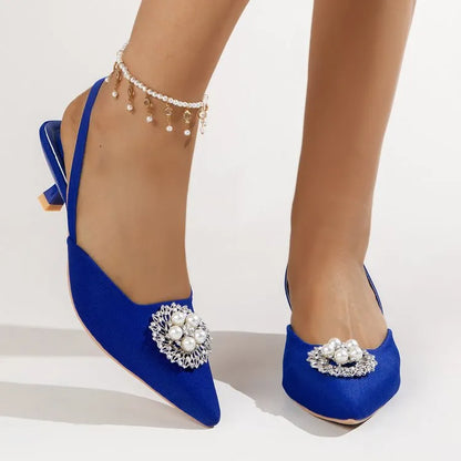 Pearl Detail Point Toe Pumps Blue - Fashorio