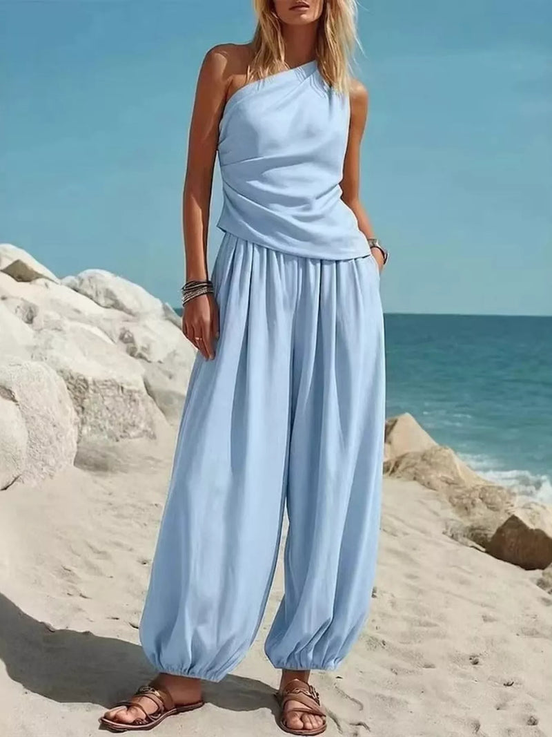 One shoulder top and wide leg pants set front