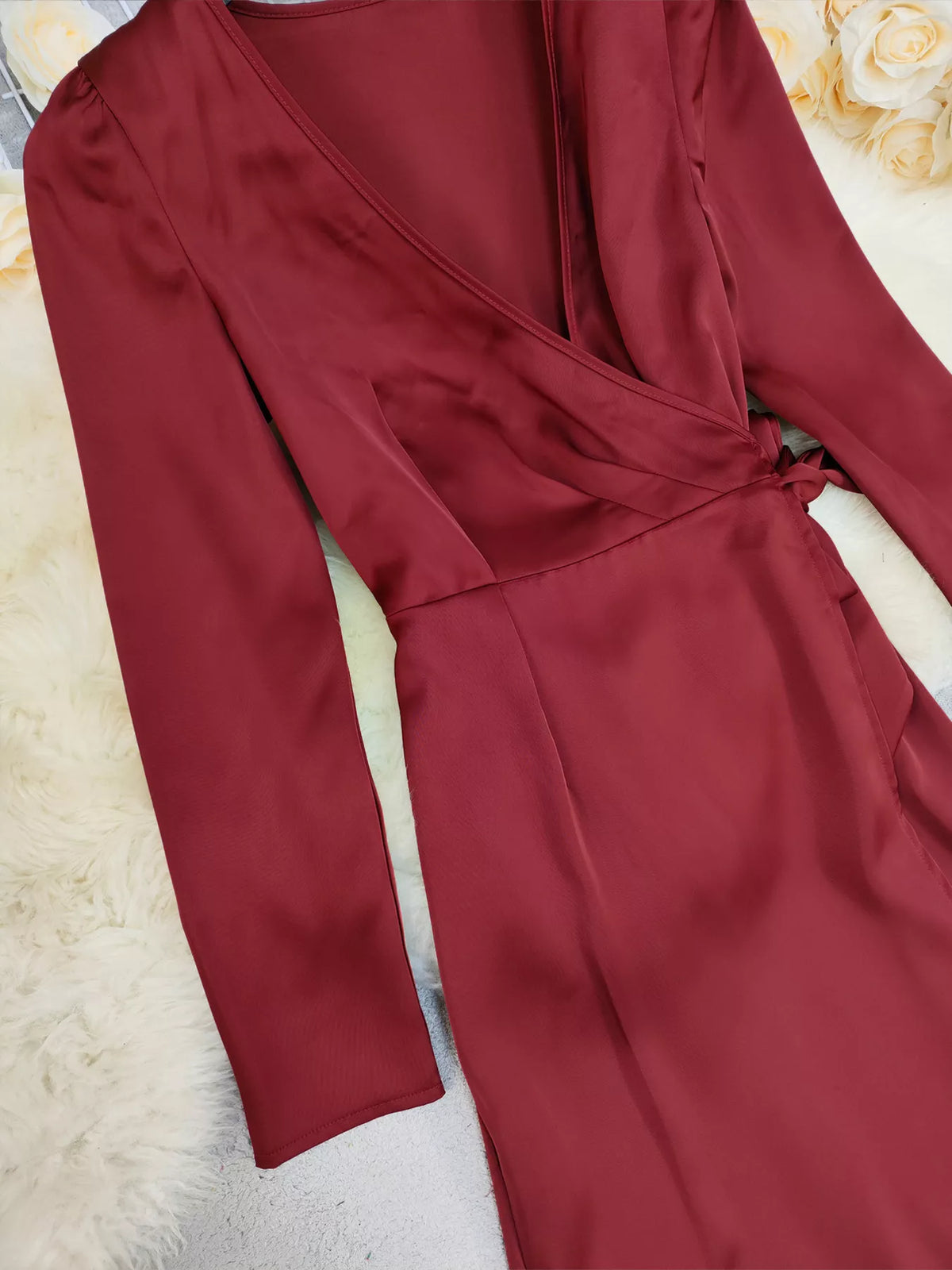 Red satin surplice long sleeve maxi dress fabric detail