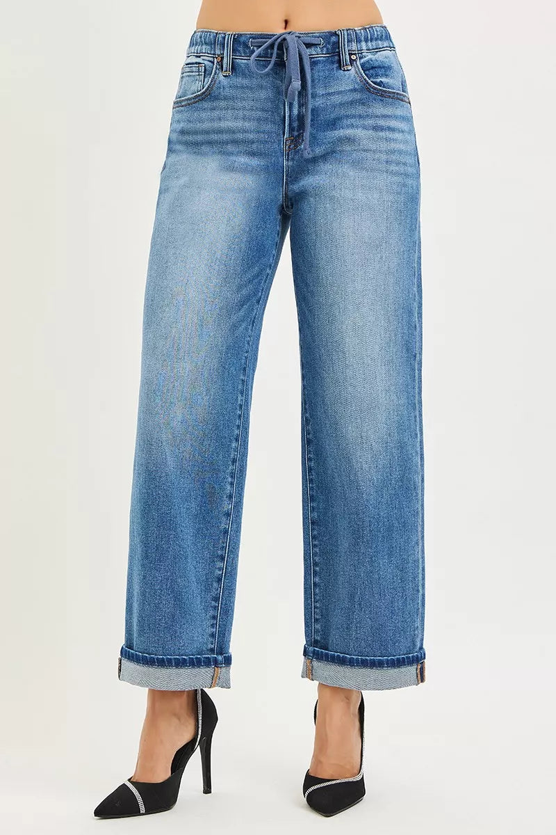 RISEN elastic band slouch boyfriend jeans medium blue wash front view