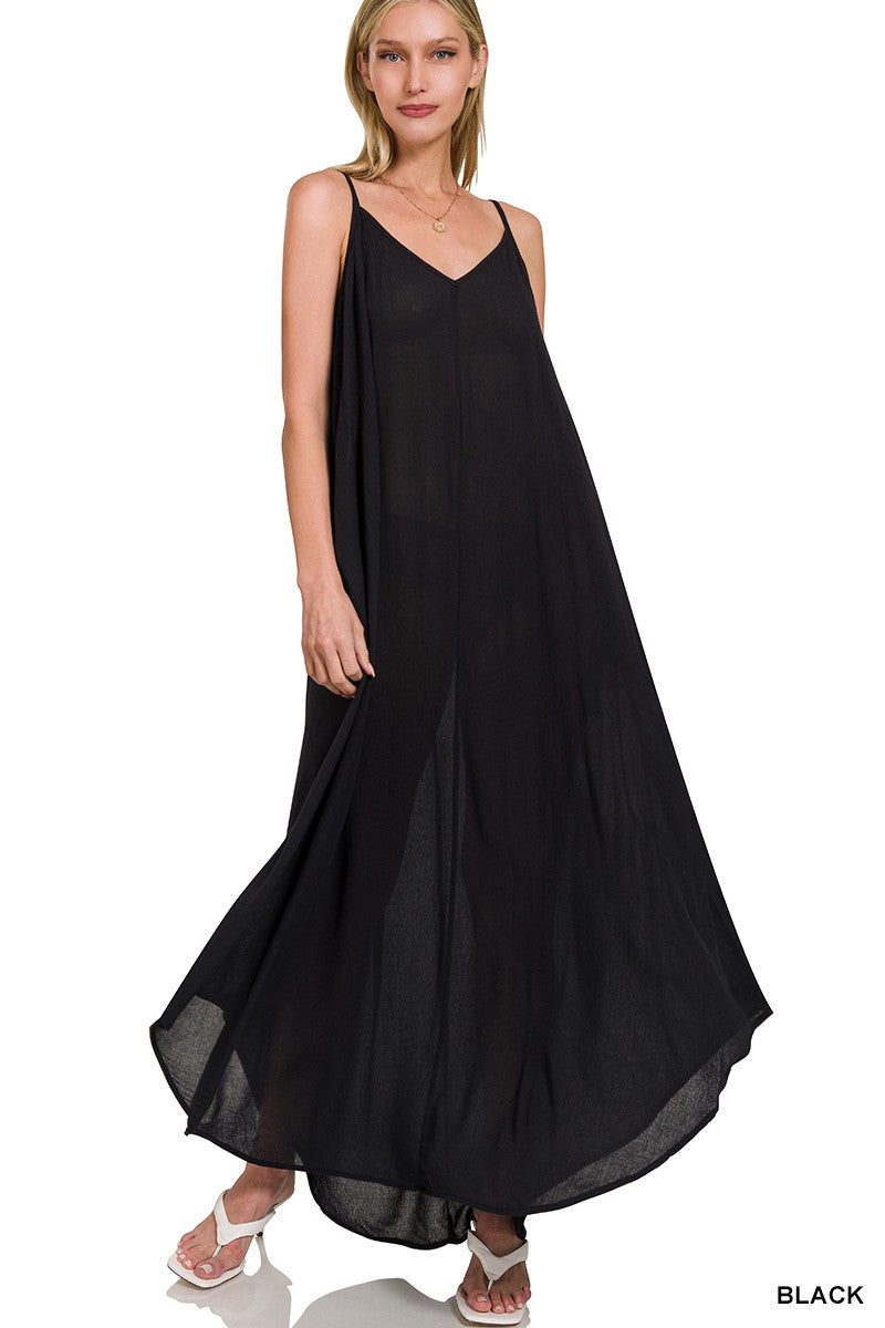Crinkle Cami Maxi Dress with Pockets in Black back view