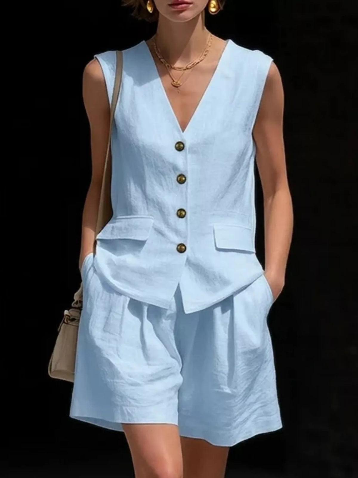 Sleeveless vest and shorts set shown from the back