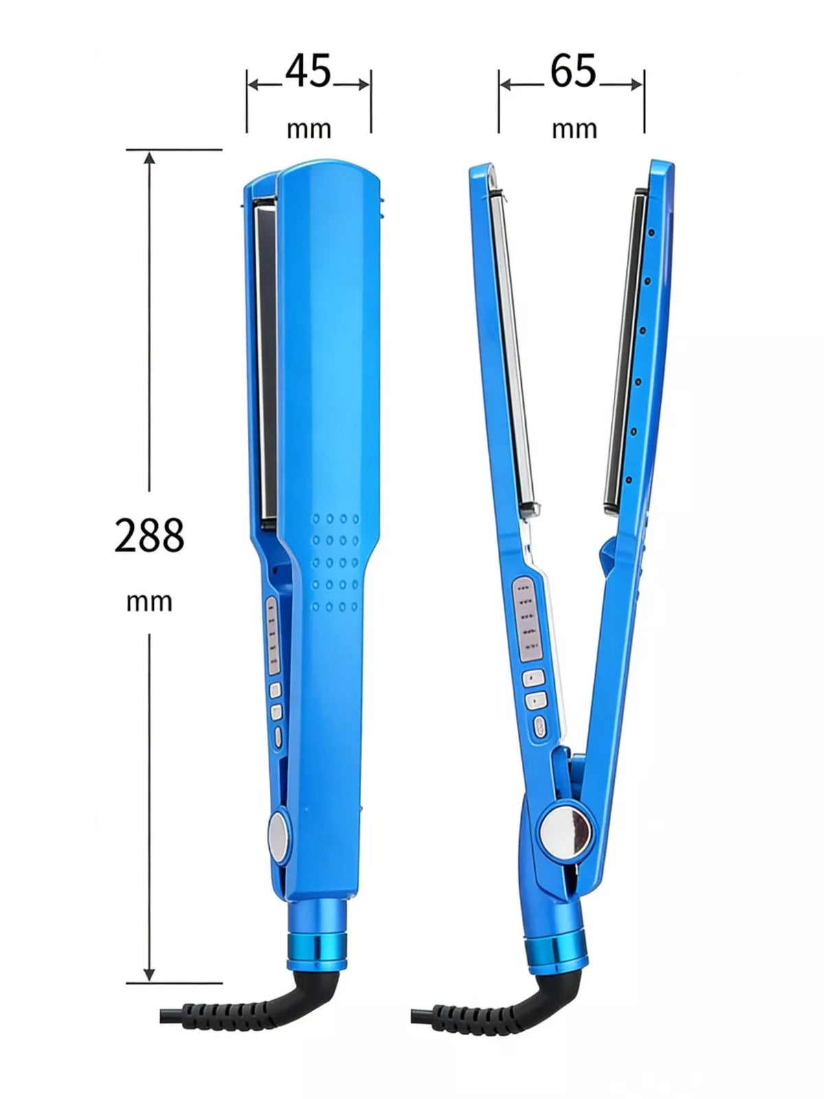 Blue flat iron with power cord view