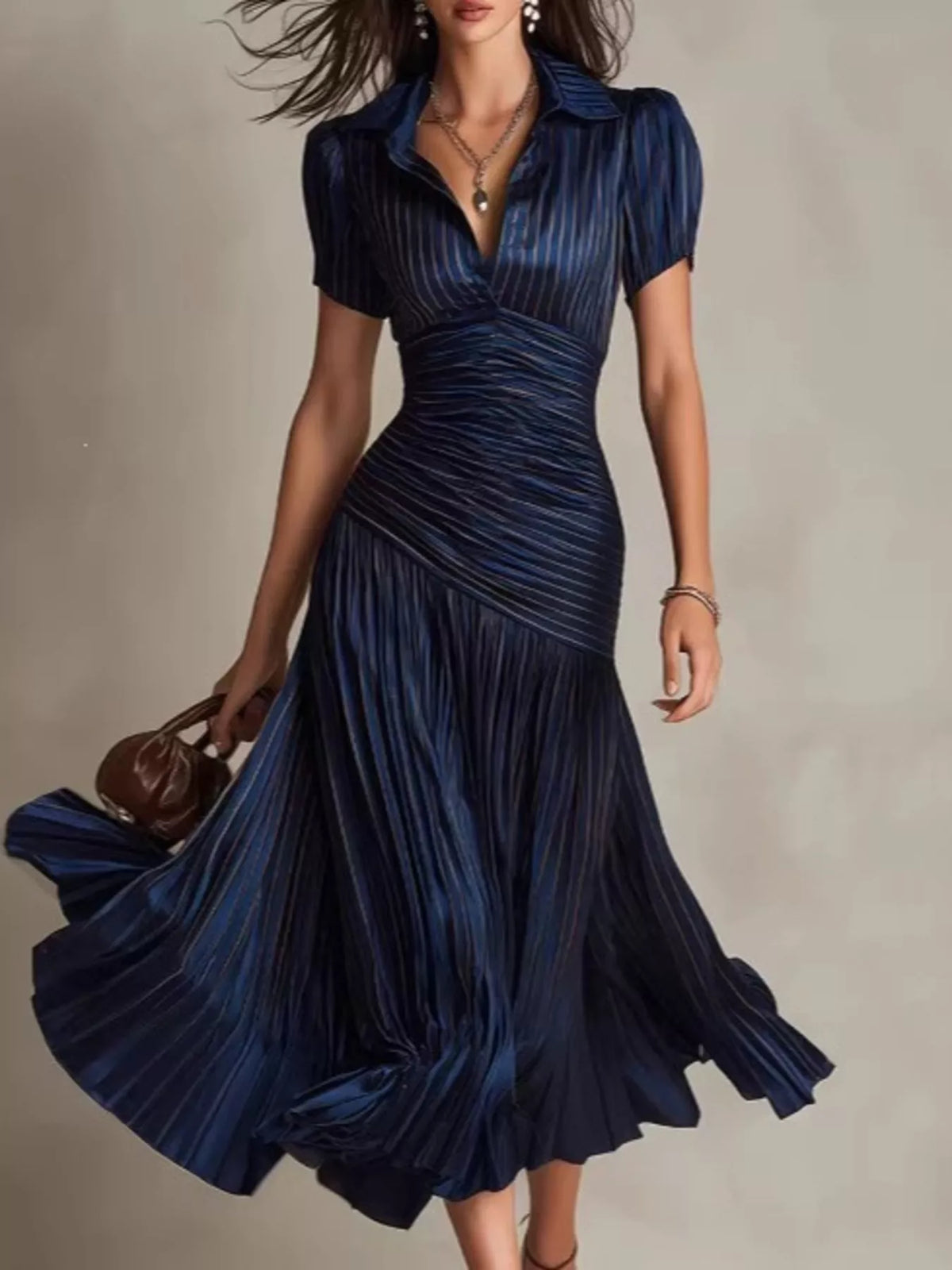 Dark blue pleated striped dress with short sleeves