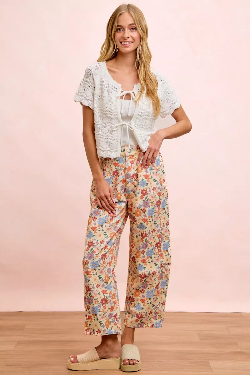 Floral barrel pants styled with a plain tee tucked at the front