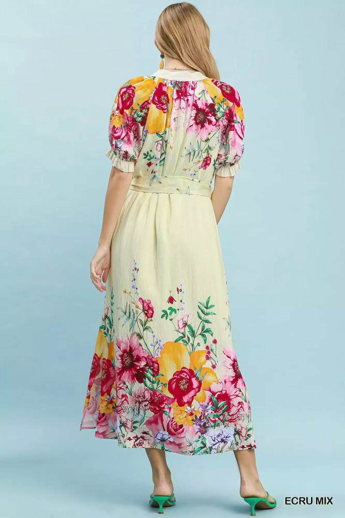 Umgee mixed floral border print midi dress in ecru styled view