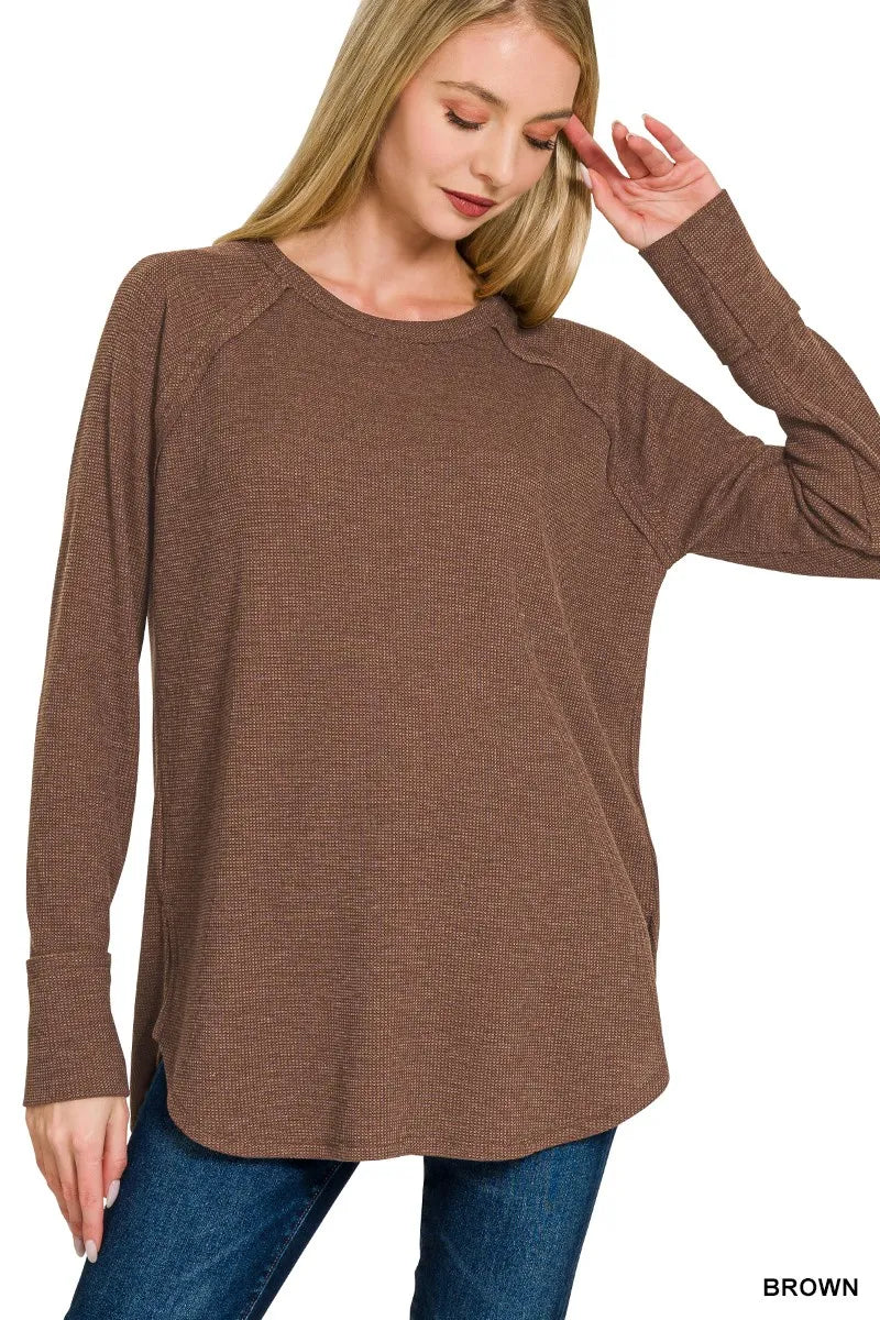 Zenana baby waffle long sleeve top in brown front view on model