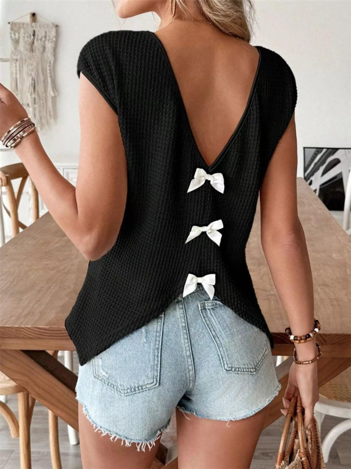Waffle knit V neck cap sleeve top side view