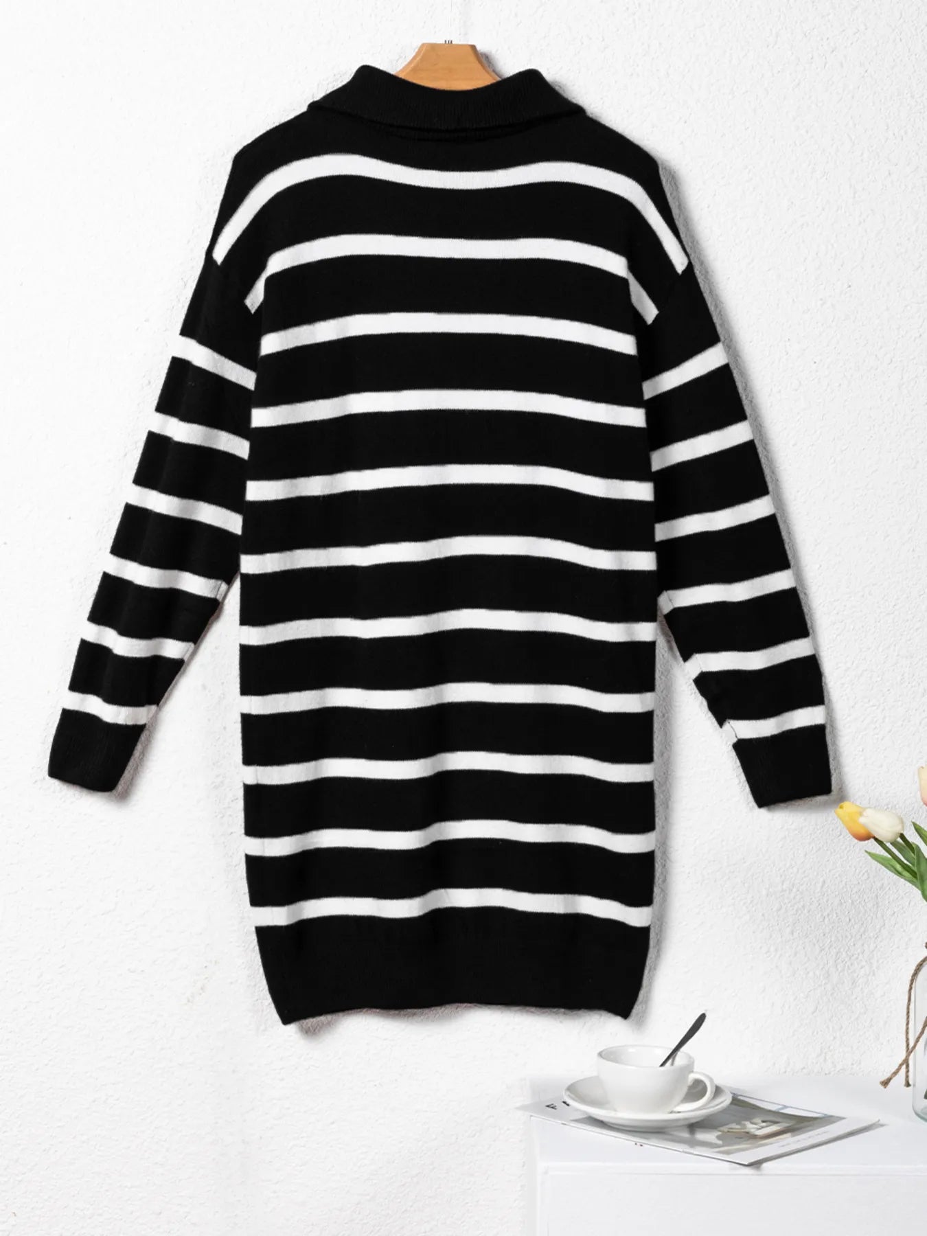 Striped O-ring Zip Collared Loose Sweater Mini Dress - Fashorio