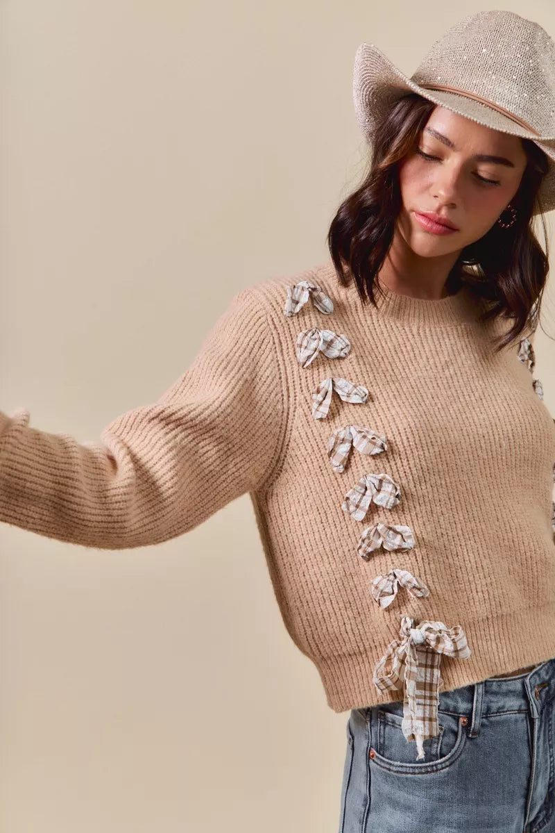 Checkered Plaid Lace Up Ribbed Sweater in Taupe view 11
